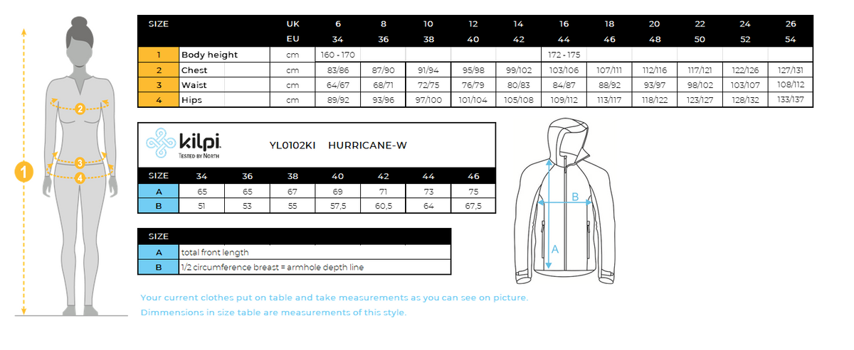 FEMMEla veste d'extérieur imperméable Kilpi HURRICANE-W – Size chart