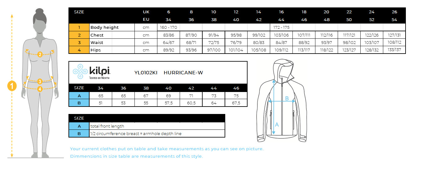 FEMMEla veste d'extérieur imperméable Kilpi HURRICANE-W – Size chart