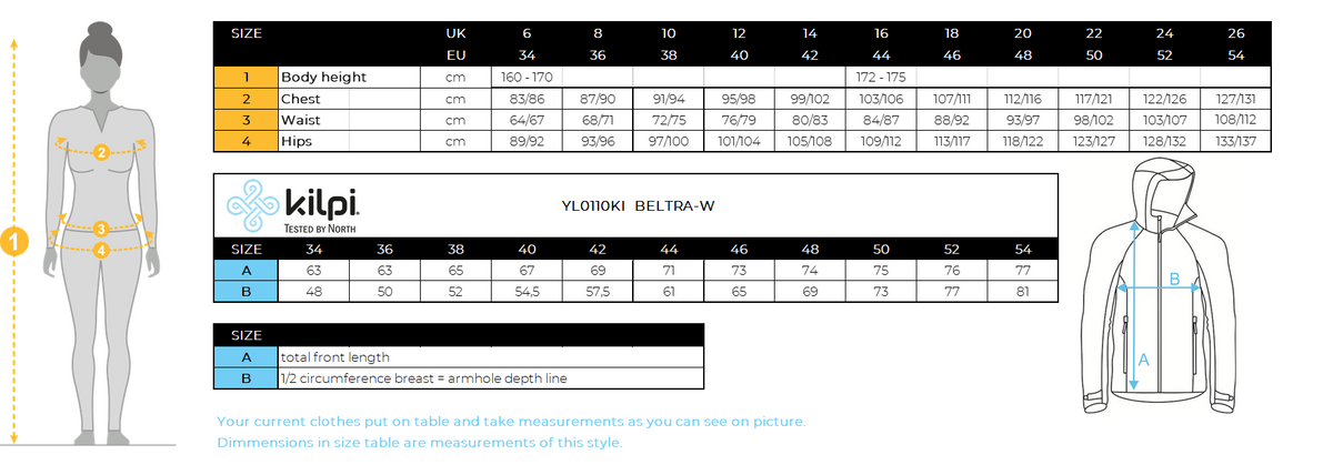 Women's softshell jacket Kilpi BELTRA-W – Size chart