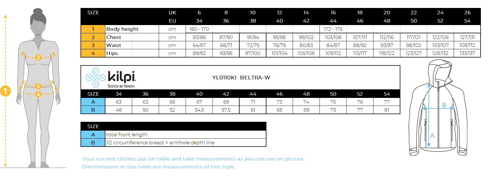 Women's softshell jacket Kilpi BELTRA-W – Size chart