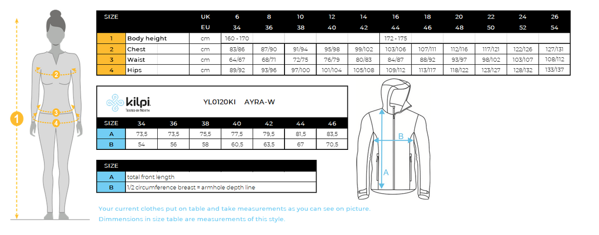 FEMMEle manteau d'extérieur Kilpi AYRA-W – Size chart