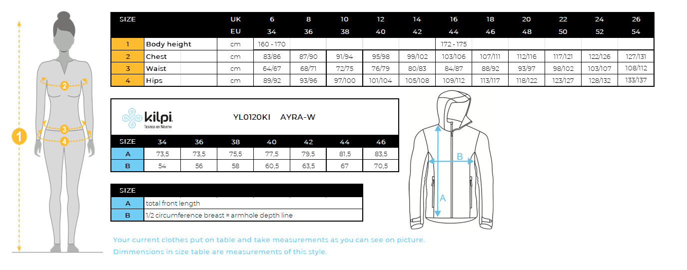 FEMMEle manteau d'extérieur Kilpi AYRA-W – Size chart