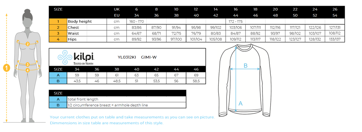 FEMMET-shirt technique à manches longues Kilpi GIMI-W – Size chart
