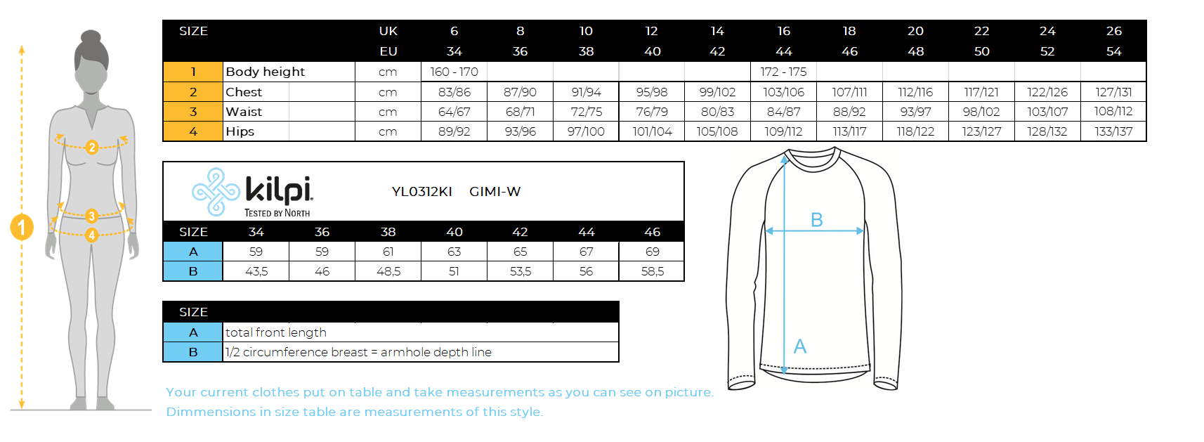 FEMMET-shirt technique à manches longues Kilpi GIMI-W – Size chart