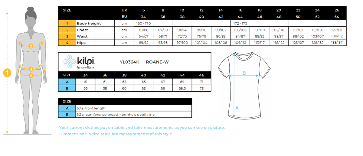 Women's cotton T-shirt roane w Kilpi ROANE-W – Size chart