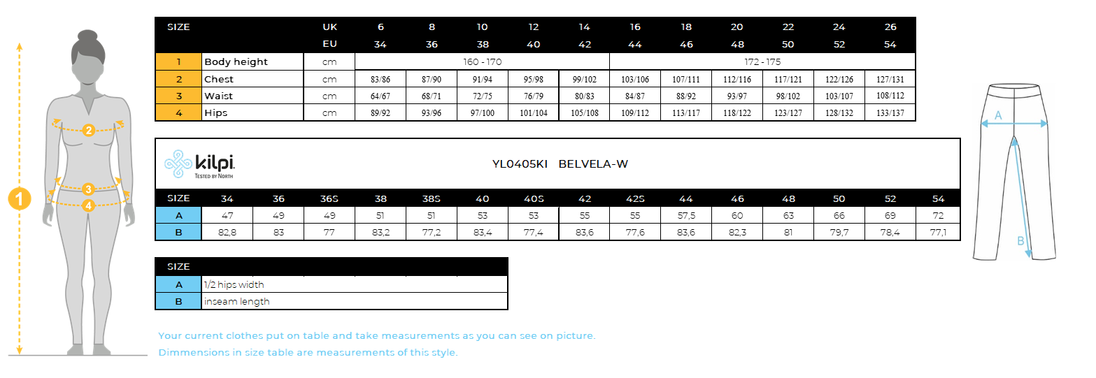 FEMMEle pantalon d'extérieur Kilpi BELVELA-W – Size chart