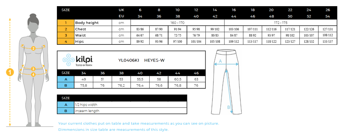 FEMMEle pantalon de course Kilpi HEYES-W – Size chart