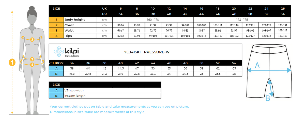 Women's cycling shorts Kilpi PRESSURE-W – Size chart