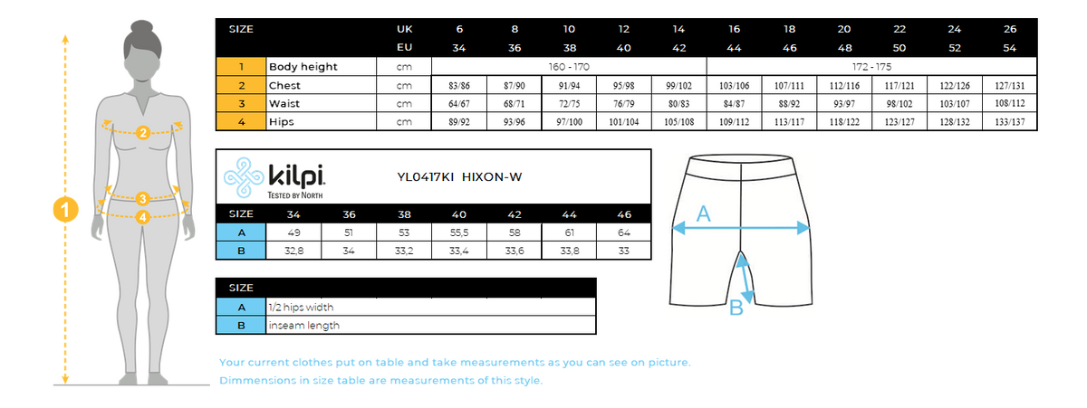 FEMME's cycling trail shorts hixon w Kilpi HIXON-W – Size chart