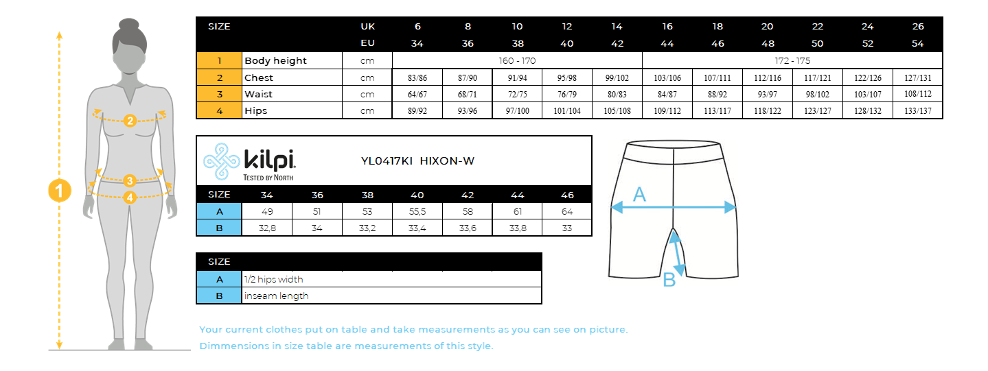 FEMME's cycling trail shorts hixon w Kilpi HIXON-W – Size chart