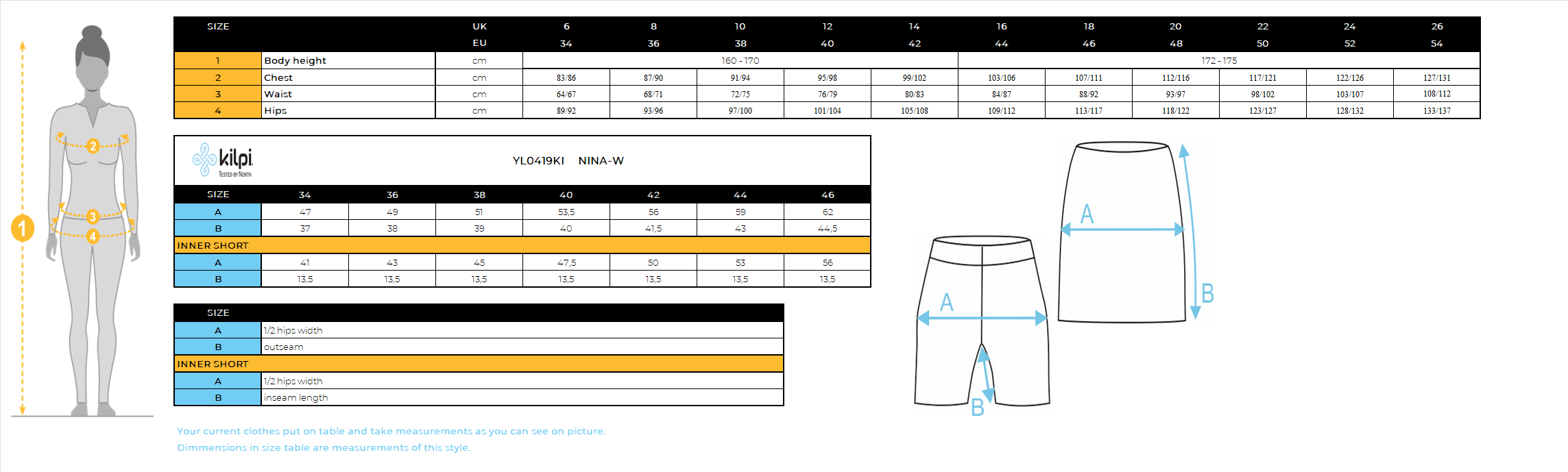 FEMMELa jupe d'extérieur avec un short intérieur Kilpi NINA-W – Size chart