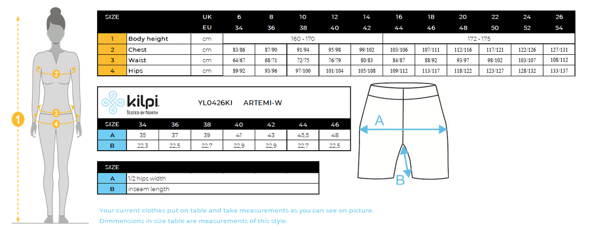 FEMMEle short Kilpi ARTEMI-W – Size chart