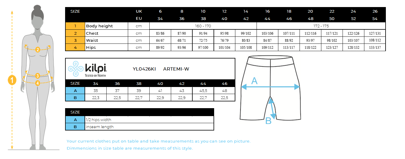 FEMMEle short Kilpi ARTEMI-W – Size chart
