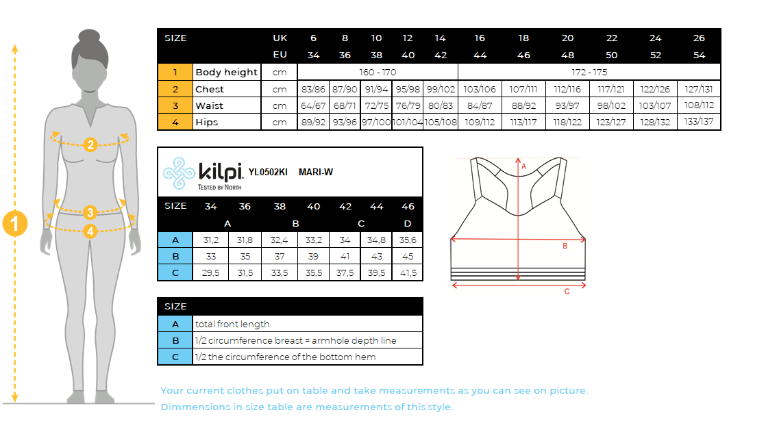 FEMMEle soutien-gorge de sport Kilpi MARI-W – Size chart