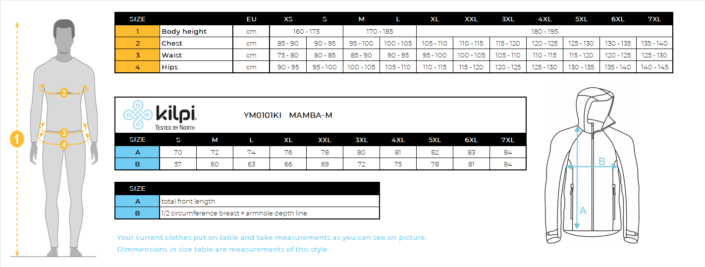 HOMMELa veste hardshell imperméable de Kilpi MAMBA-M – Size chart