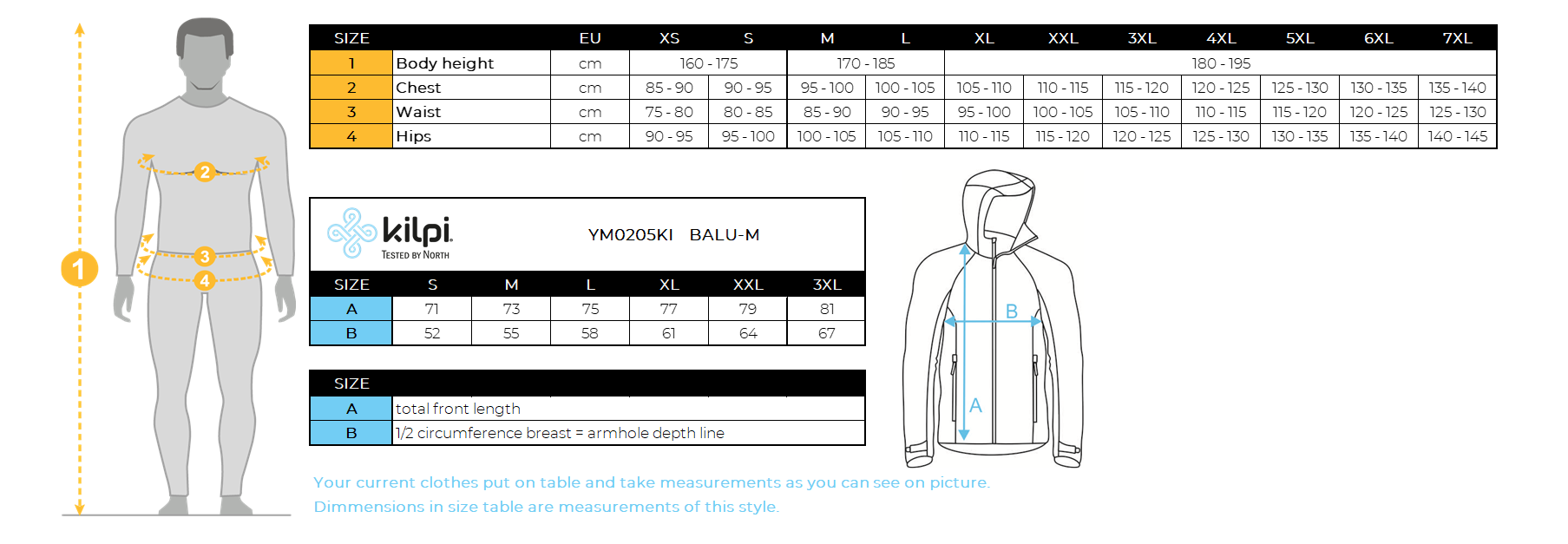 Stylish and comfortable cotton hoodie Kilpi BALU-M – Size chart