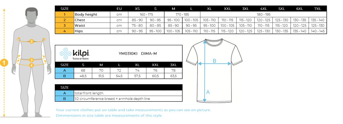 Men's technical T-shirt Kilpi DIMA-M – Size chart