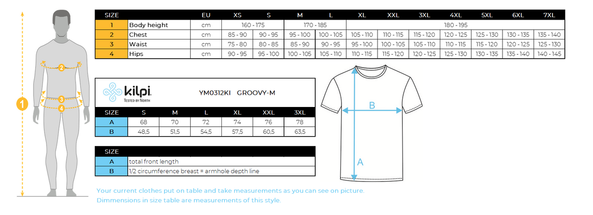 Men's functional T-shirt Kilpi GROOVY-M for an active lifestyle – Size chart