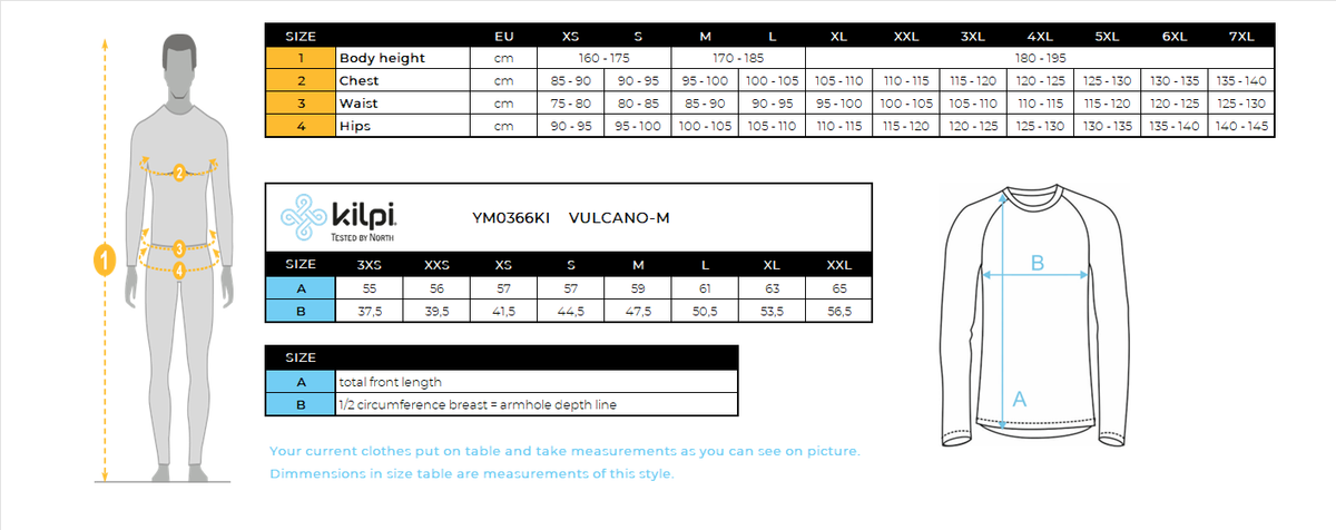 HOMMEmaillot de cyclisme à manches longues Kilpi VULCANO-M – Size chart
