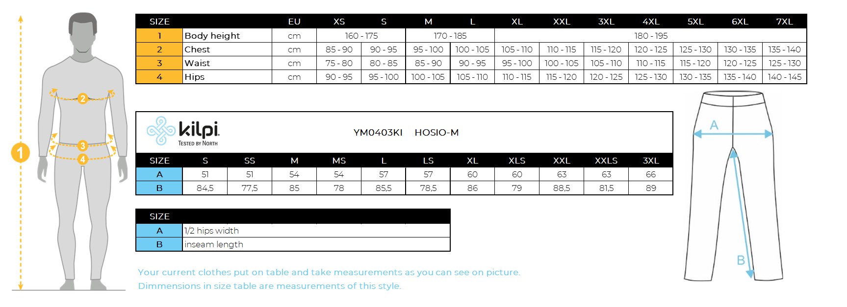 Men's outdoor pants Kilpi HOSIO-M – Size chart