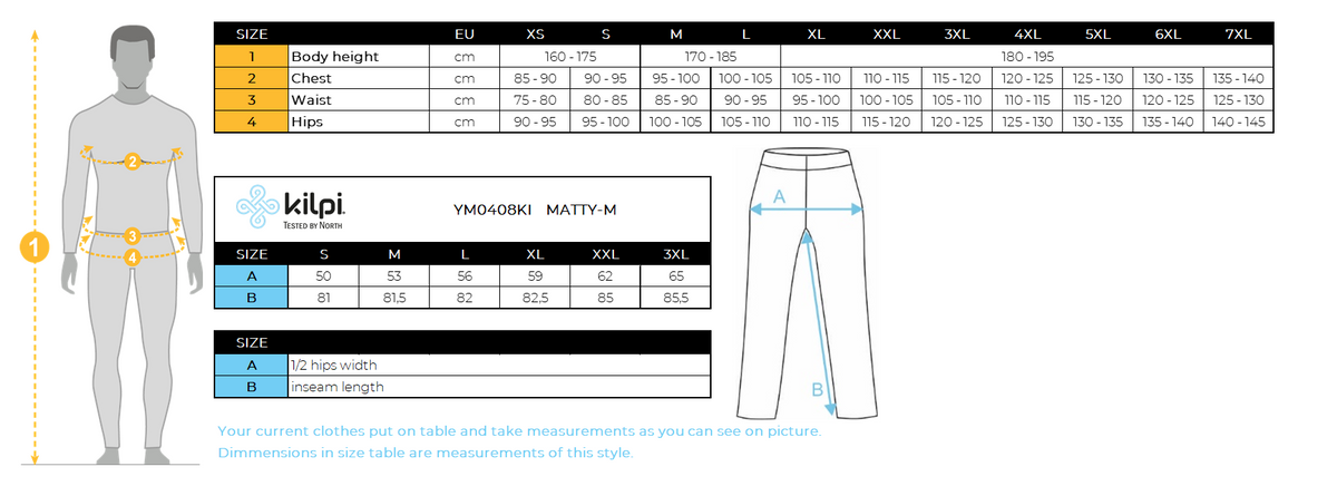 Men's cotton sweatpants Kilpi MATTY-M – Size chart