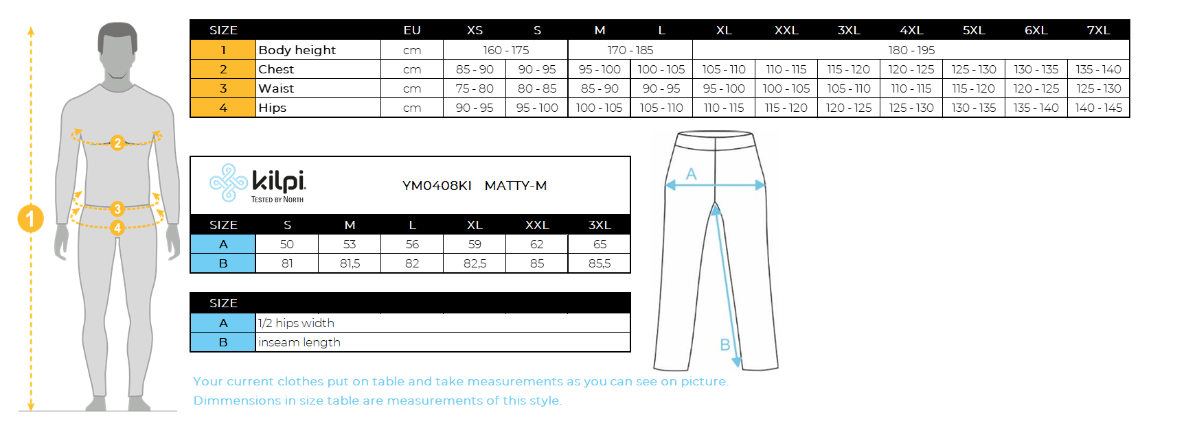 Men's cotton sweatpants Kilpi MATTY-M – Size chart