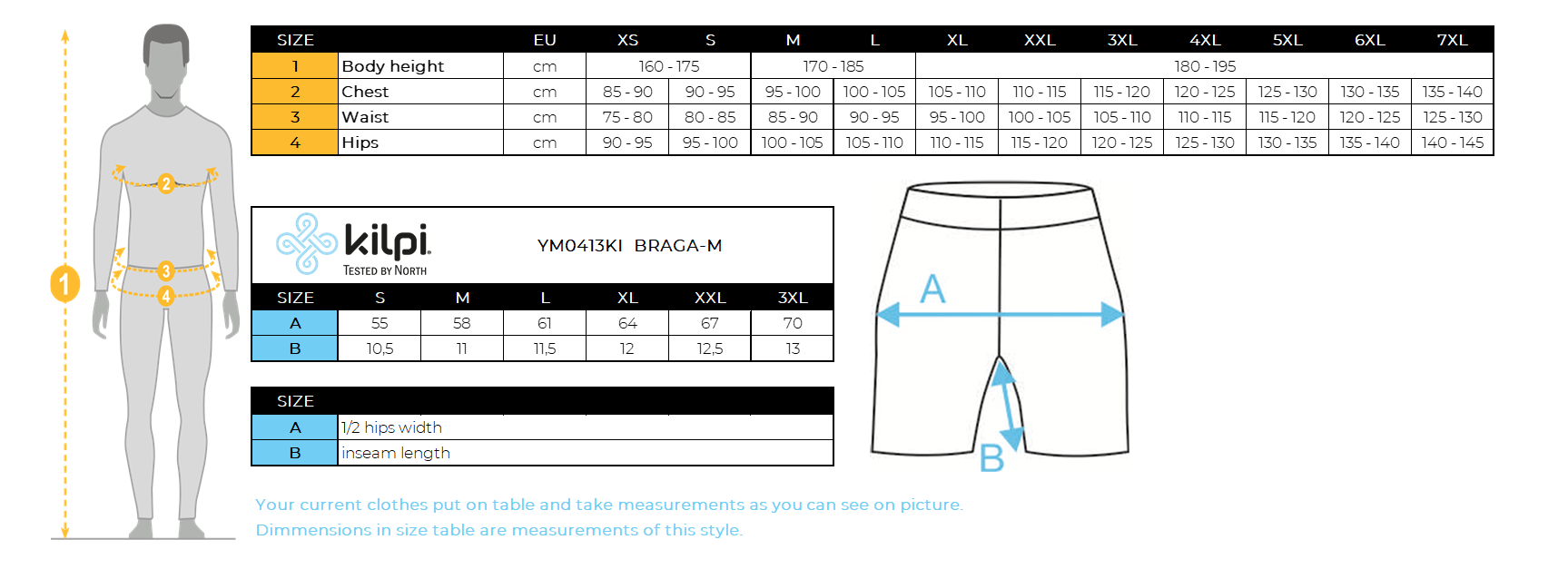 HOMMEle short de course Kilpi BRAGA-M – Size chart