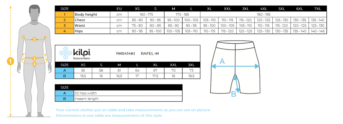 HOMMEle short de course Kilpi RAFEL-M – Size chart