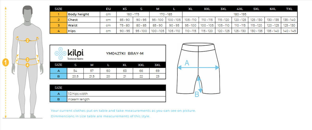 HOMMEle short de fitness Kilpi BRAY-M – Size chart