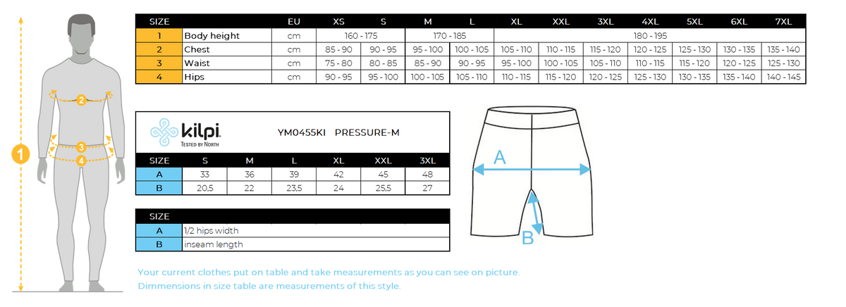 HOMMEle short de cyclisme Kilpi PRESSURE-M – Size chart