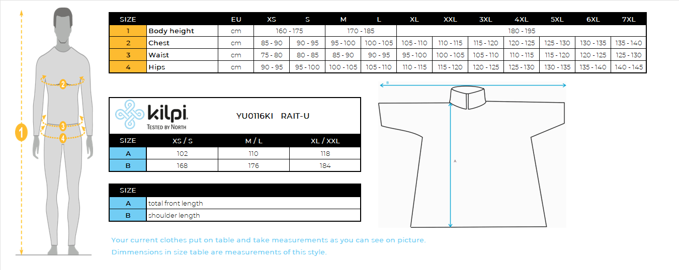 Unisex raincoat Kilpi RAIT-U – Size chart