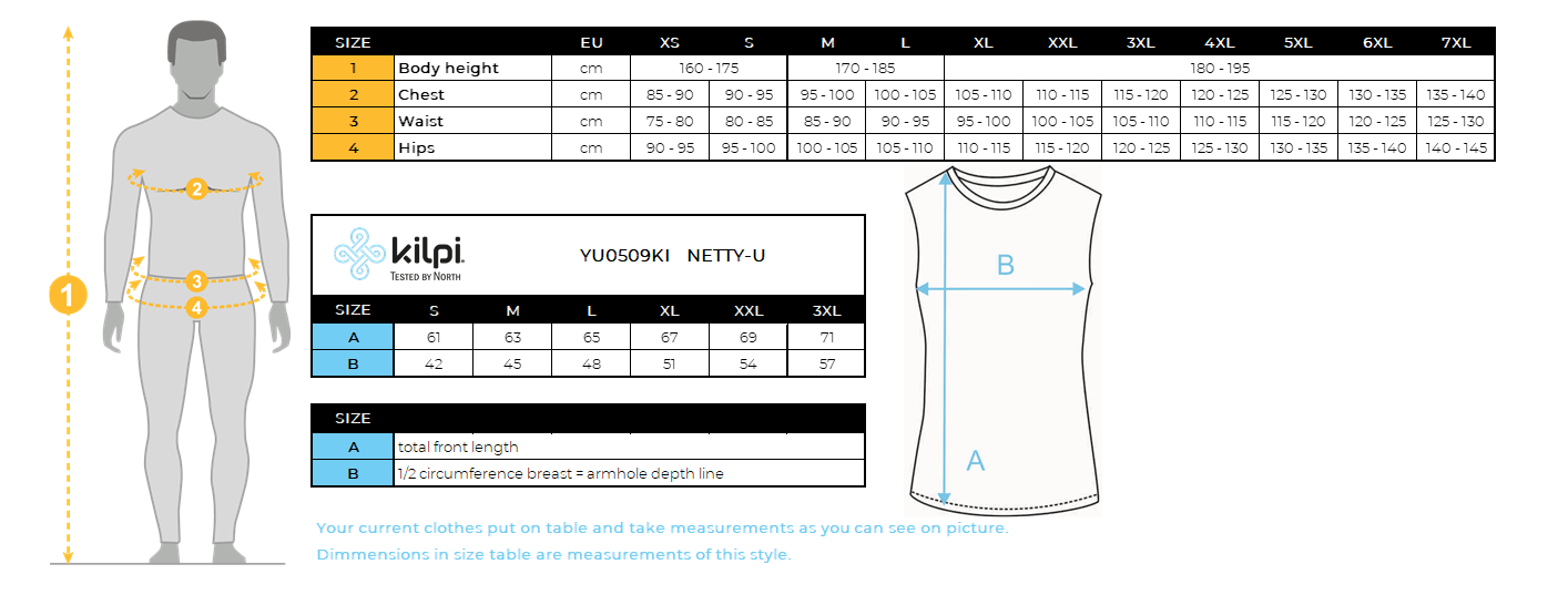 Haut fonctionnel unisexe Kilpi NETTY-U – Size chart
