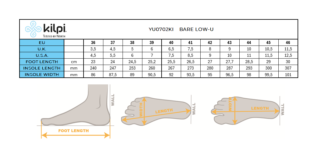 Chaussures d'extérieur pieds nus Kilpi BARELO LOW-U – Size chart