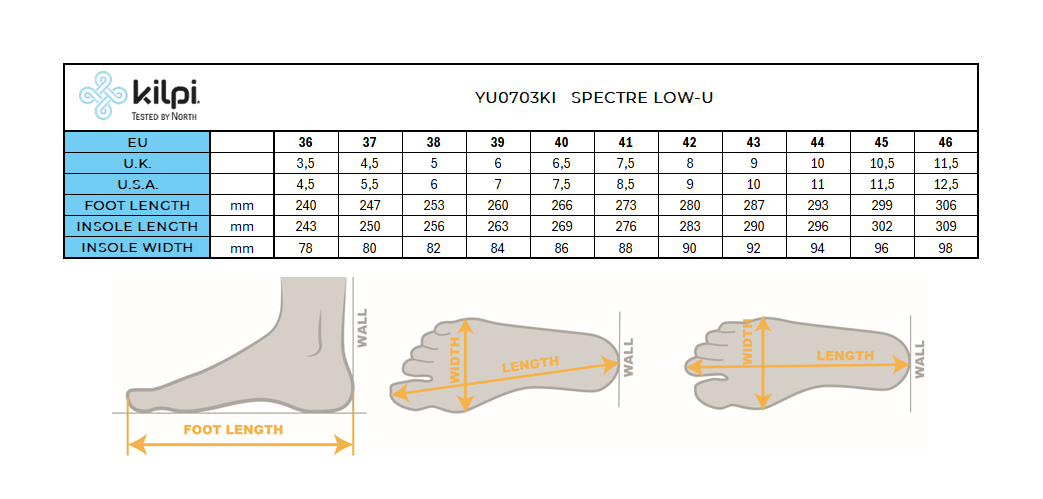 Chaussures d'extérieur Kilpi SPECTER LOW-U – Size chart