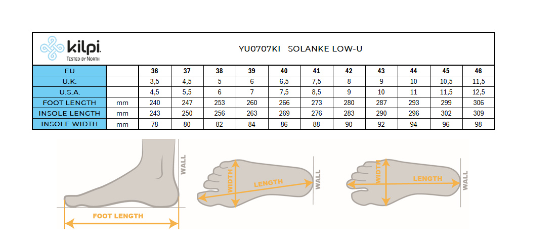 Hiking shoes Kilpi SOLANKE LOW-U – Size chart