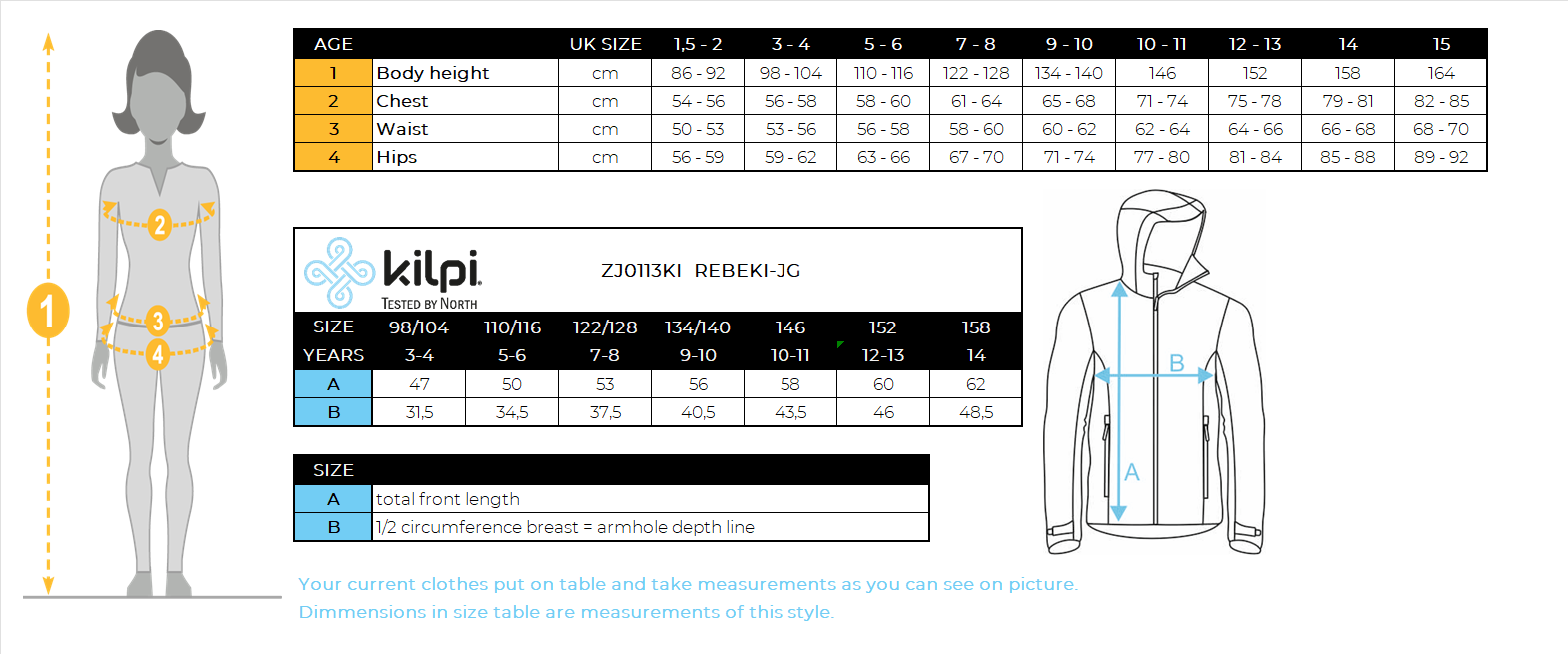 Girl's insulated jacket Kilpi REBEKI-JG – Size chart