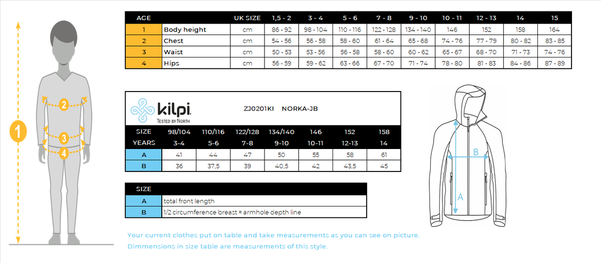 Sweat à capuche garçon en polaire poilue Kilpi NORKA-JB – Size chart