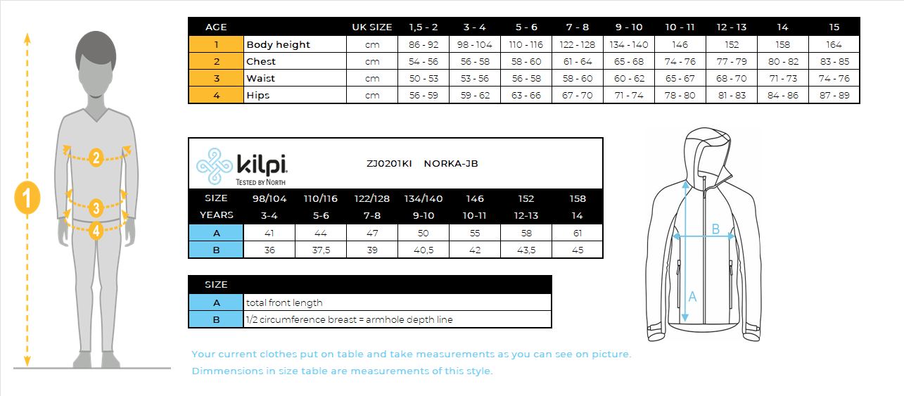 Sweat à capuche garçon en polaire poilue Kilpi NORKA-JB – Size chart