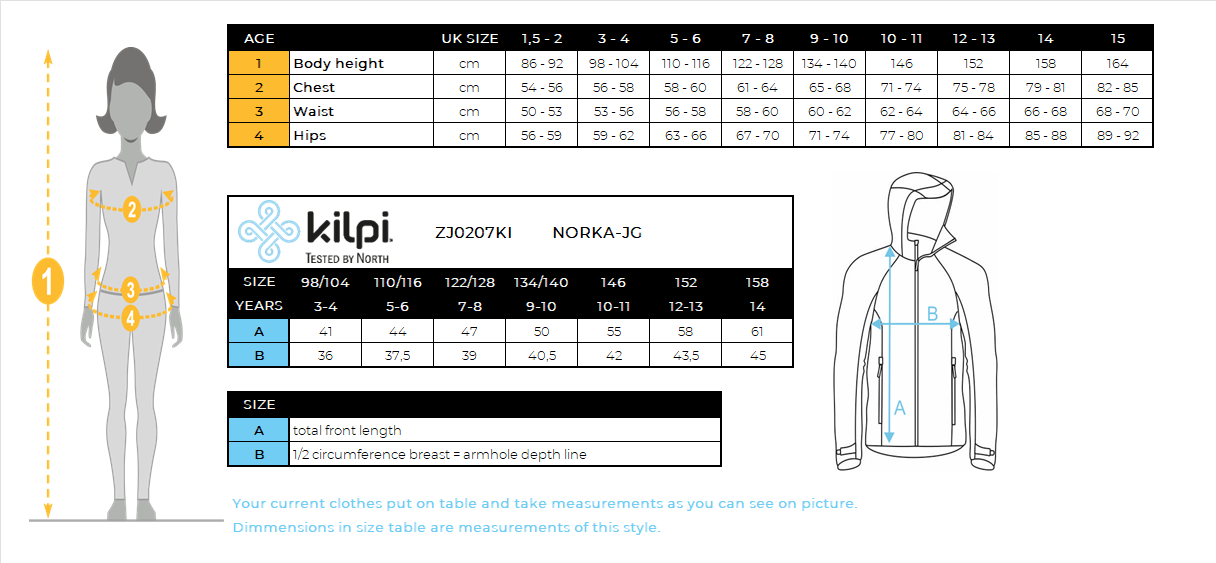 Girl's hairy fleece hoodie Kilpi NORKA-JG – Size chart