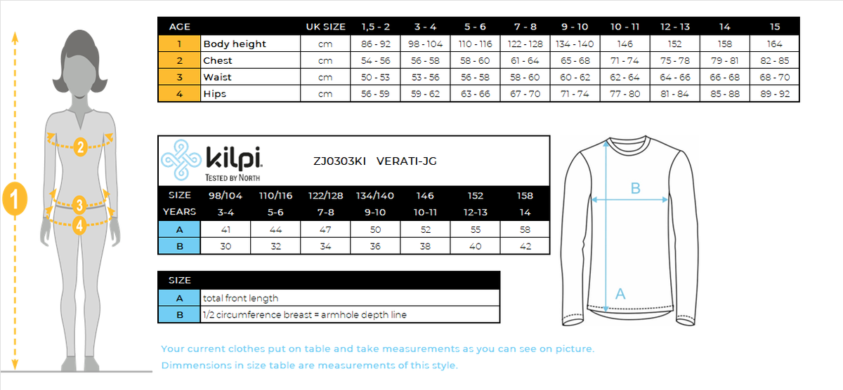 T-shirt fille en coton à manches longues Kilpi VERATI-JG – Size chart