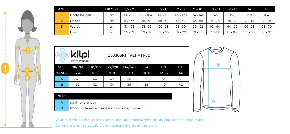 T-shirt fille en coton à manches longues Kilpi VERATI-JG – Size chart