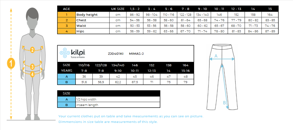 Pantalon de ski enfant Kilpi MIMAS-J – Size chart