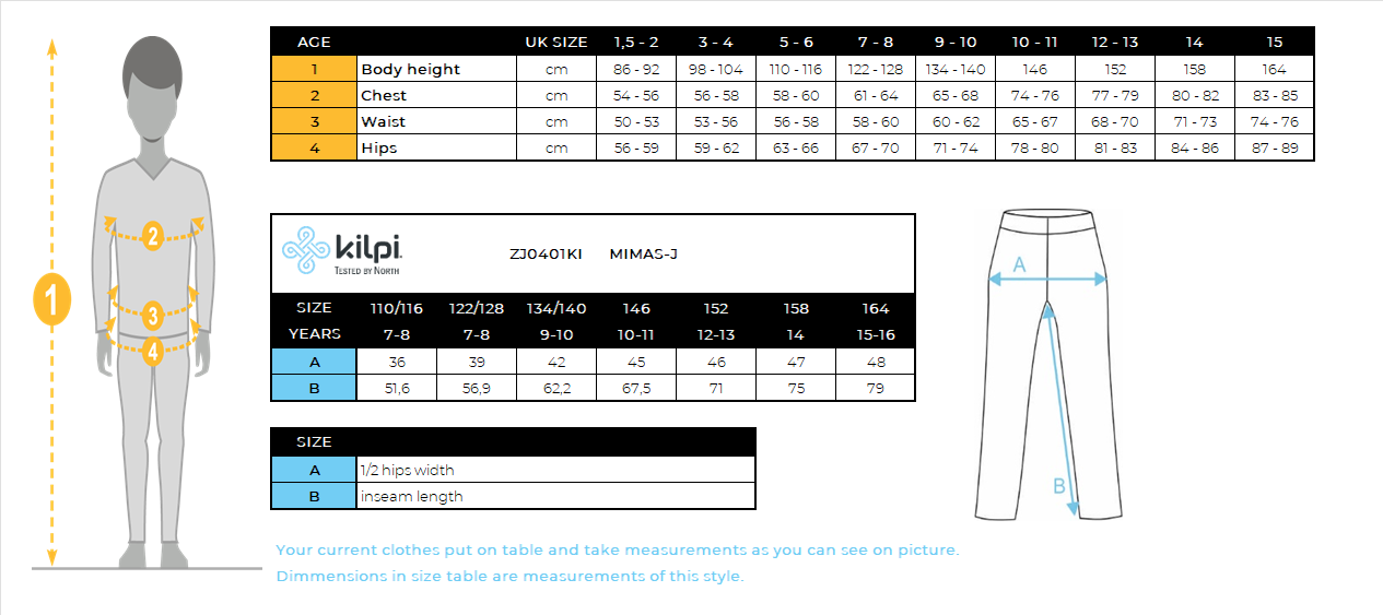 Pantalon de ski enfant Kilpi MIMAS-J – Size chart