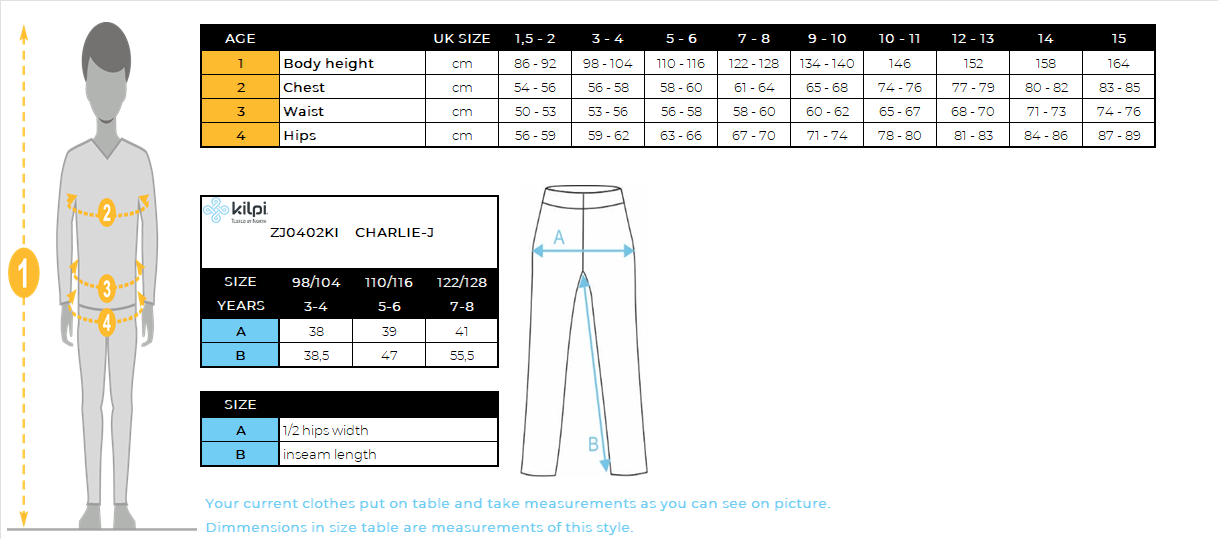 Pantalon de ski enfant Kilpi CHARLIE-J – Size chart