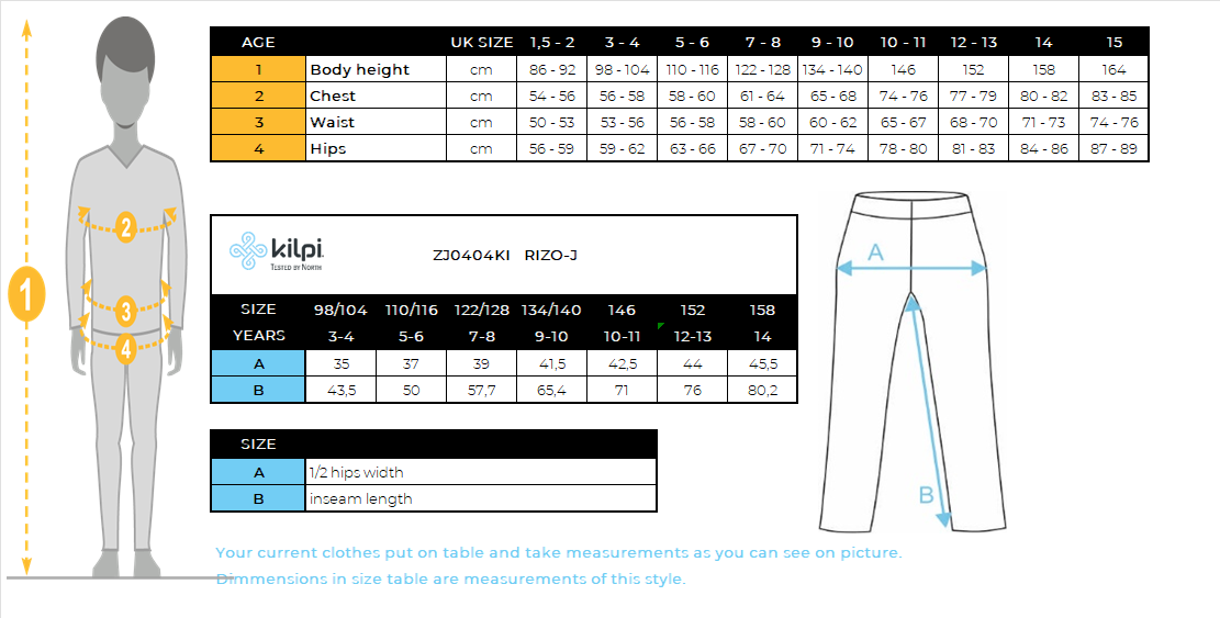 Kid's softshell outdoor pants Kilpi RIZO-J – Size chart