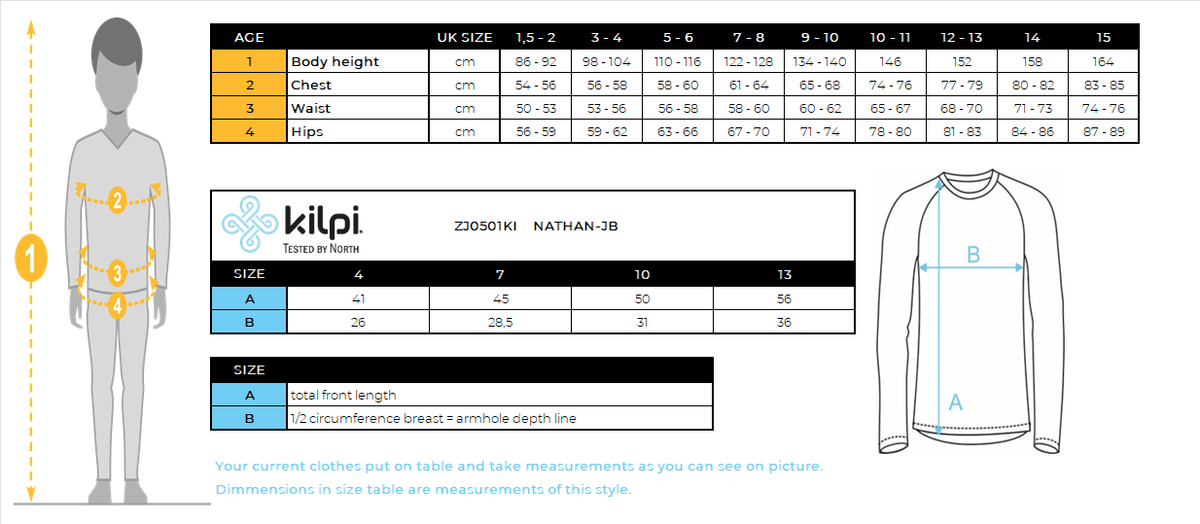 T-shirt thermique sans coutures à manches longues garçon Kilpi NATHAN-JB – Size chart