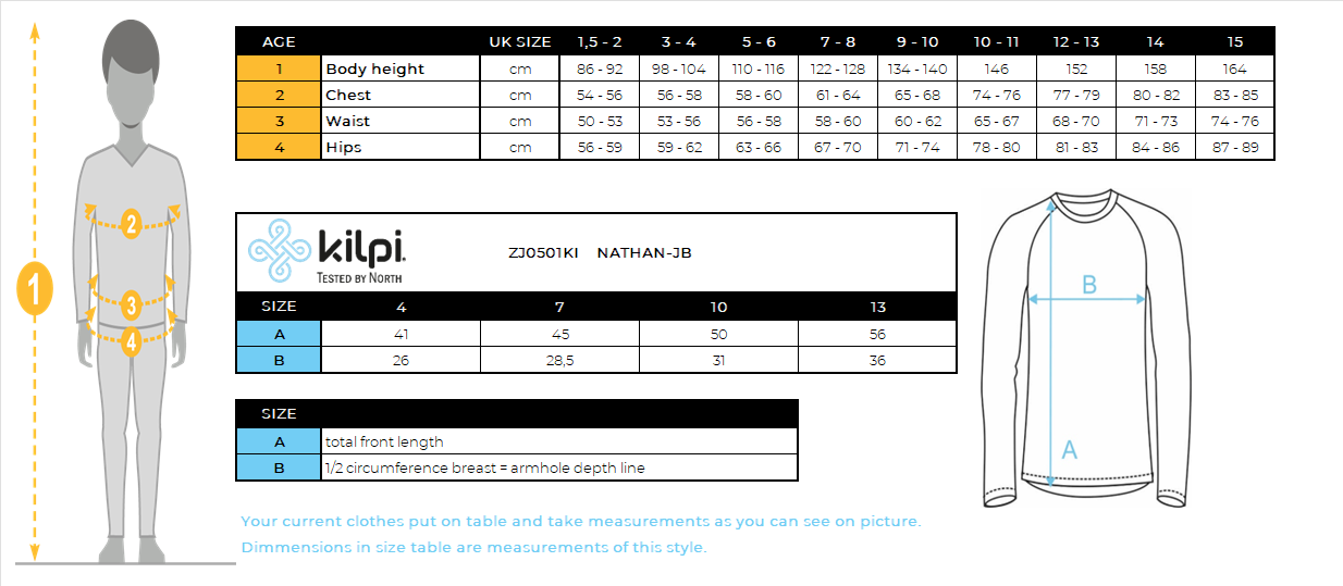 T-shirt thermique sans coutures à manches longues garçon Kilpi NATHAN-JB – Size chart