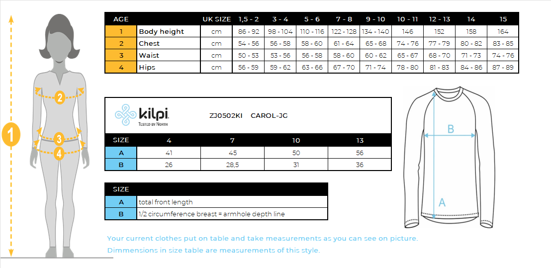 T-shirt thermique sans coutures fille à manches longues Kilpi CAROL-JG – Size chart