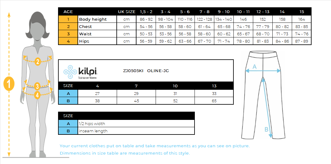 Pantalon thermique sans couture fille Kilpi OLINE-JG – Size chart