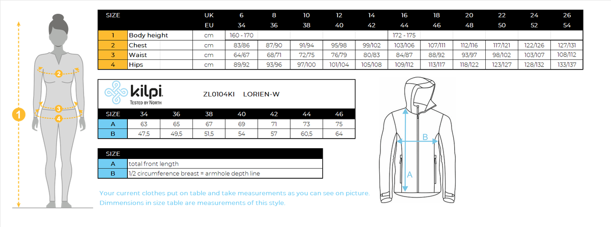 FEMMEla veste de ski de Kilpi LORIEN-W – Size chart